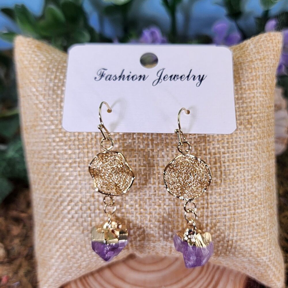 18K Gold Plated Amethyst Dreamcatcher Earrings #9